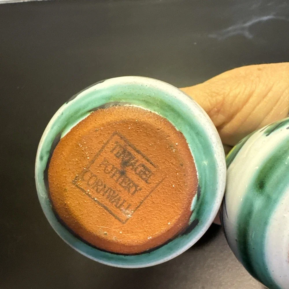 Handmade‎ Pottery Salt & Pepper Shakers Dragonwear Green Gray Stamped Tintagel